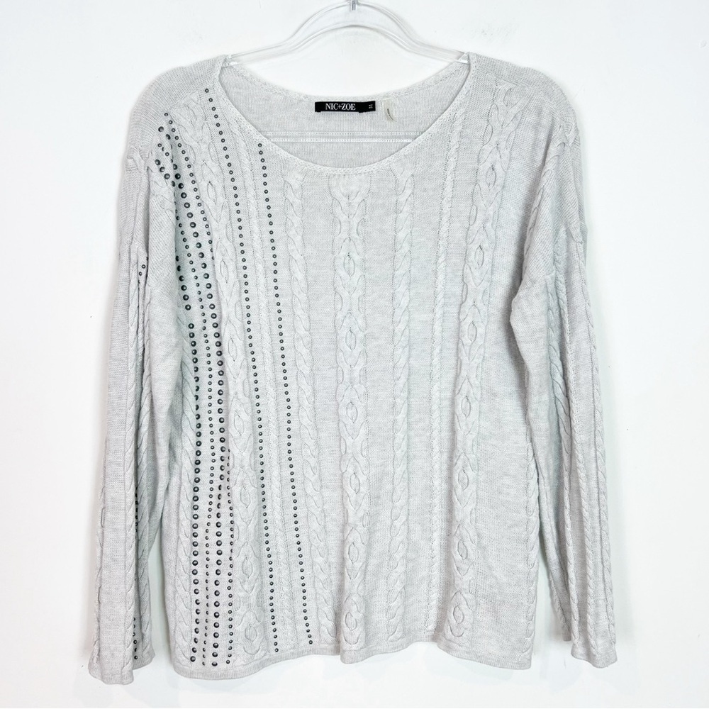 NIC+ZOE GRAY CABLE KNIT STUDDED LONG SLEEVE PULLOVER SWEATER WOMENS MEDIUM